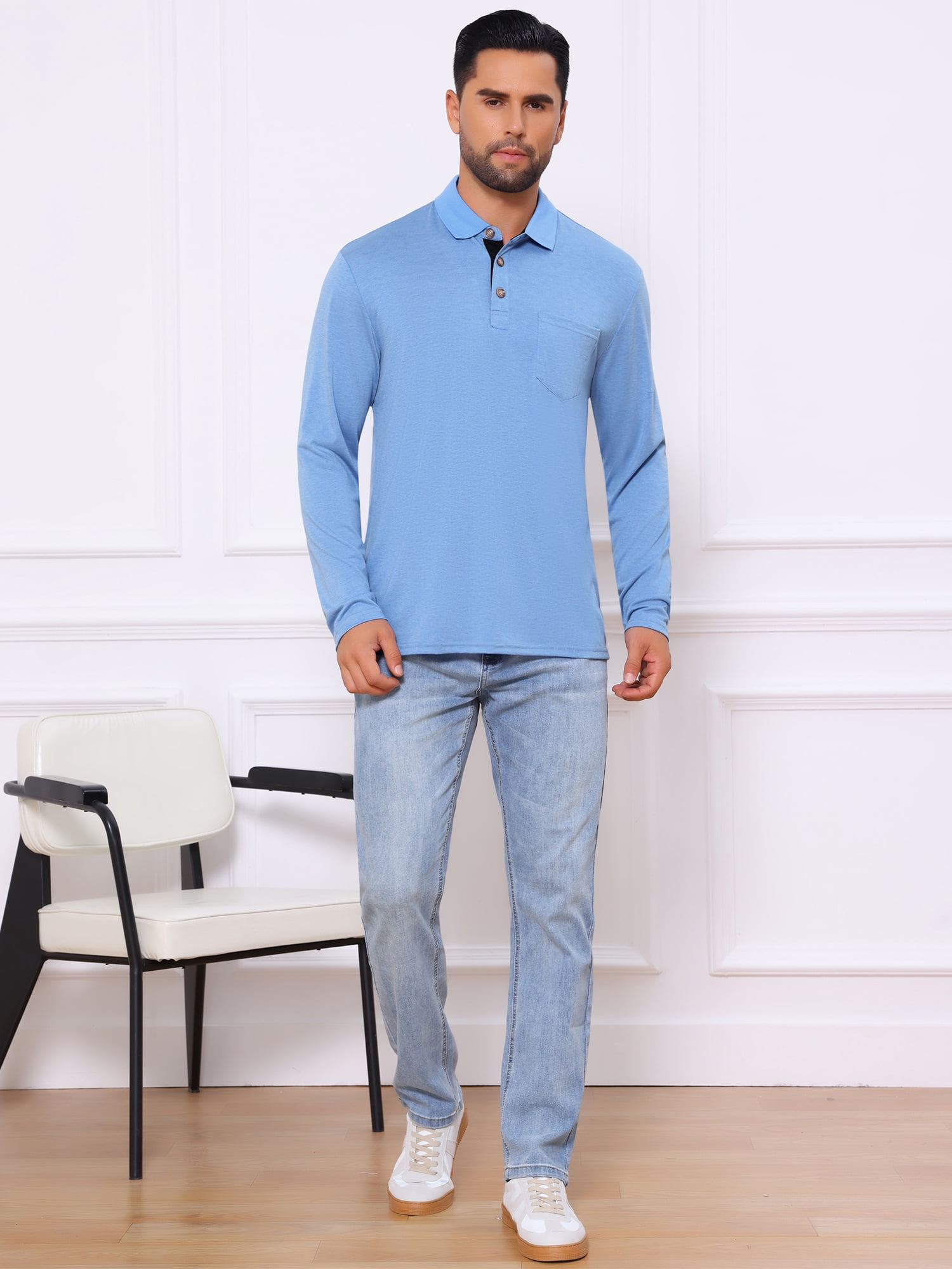 DARING DIVA Men's Contrast Button Collared Long Sleeves Golf Polo T-Shirts M Light Blue