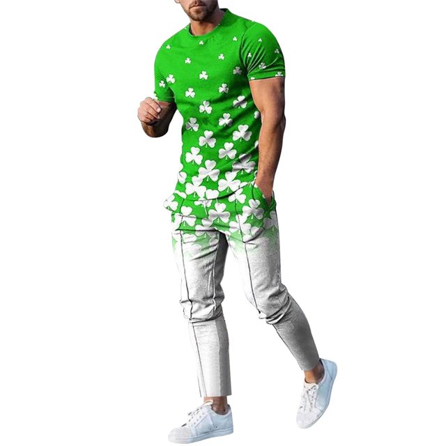 YDLCAFD Mens St Patricks Day Printed Short Sleeved Trousers Combination Suit Two Piece Suit