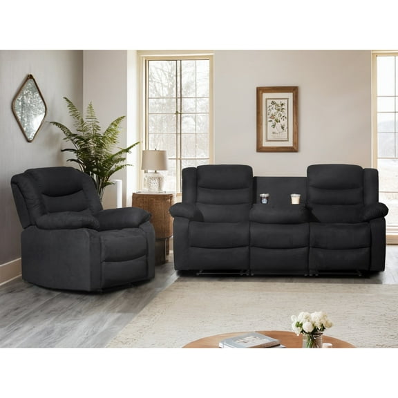 4-Seat Manual Fabric Reclining Sofa Set, 2-Piece Microfiber Modern Living Room Set with Drop Table & Cup Holders