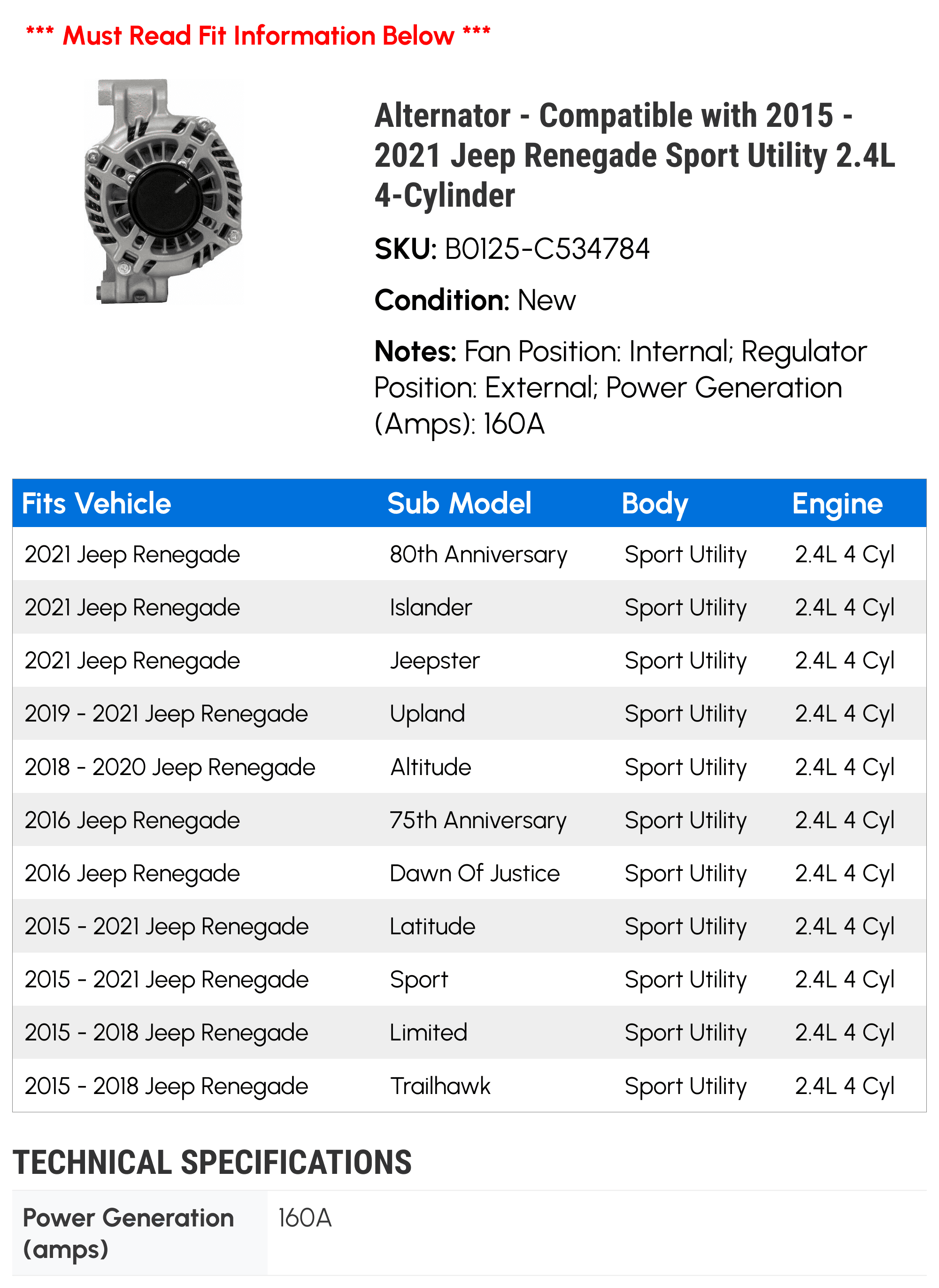 Alternator - Compatible with 2015 - 2021 Jeep Renegade Sport Utility 2.4L 4-Cylinder 2016 2017 2018 2019 2020