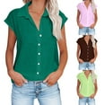 thumbnail image 7 of Lovskoo Cotton Linen Summer Tops for Women 2024 Button Down Collared Cap Short Sleeve Trendy Solid Color Button Shirt Loose T Shirt Blouse Green, 7 of 7