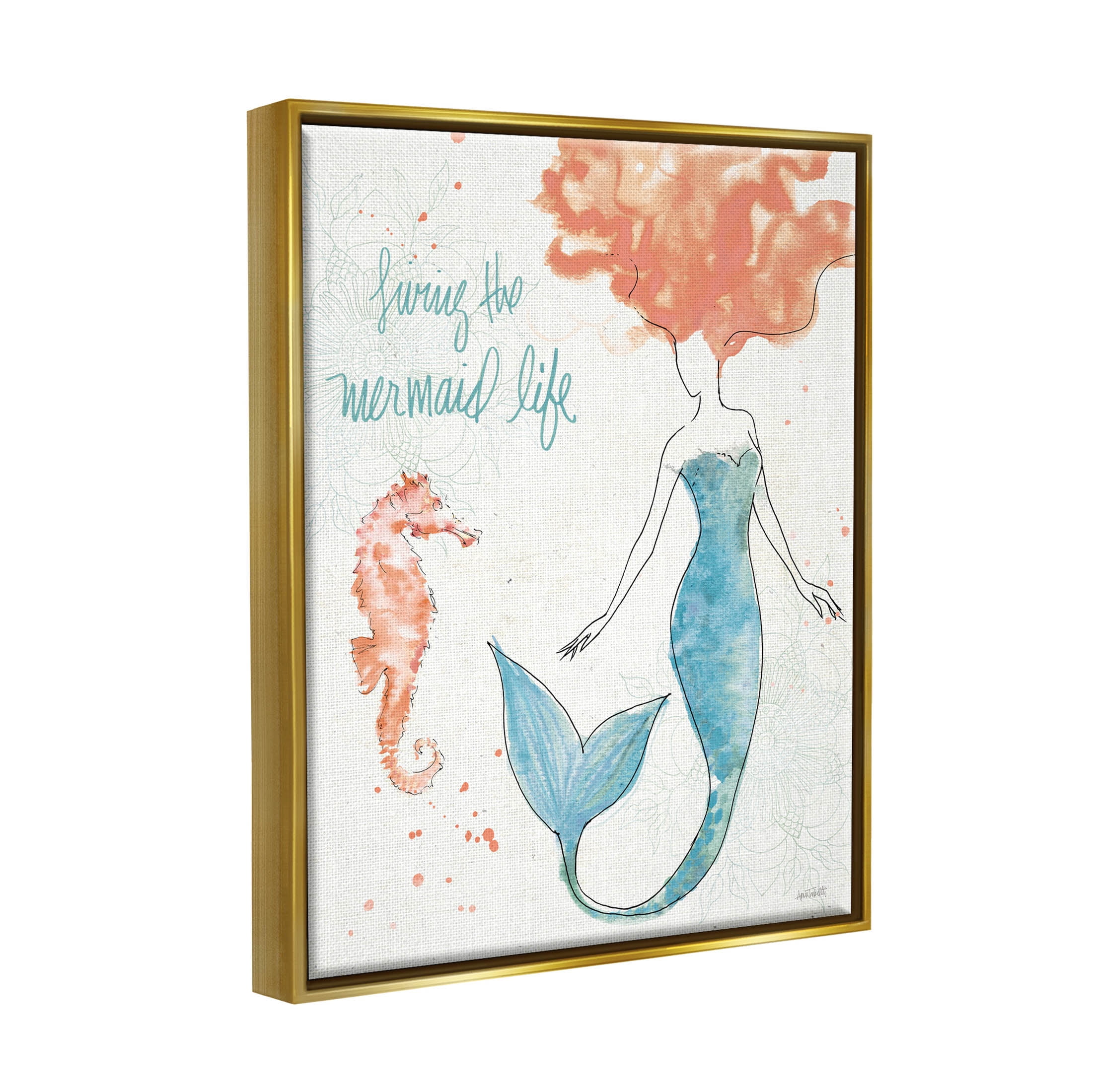 Stupell Industries Living The Mermaid Life Phrase Graphic Art Metallic Gold Floating Framed Canvas Print Wall Art, Design by Anne Tavoletti
