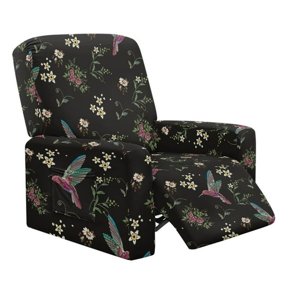 SCRAWLGOD Hummingbird Daisy Floral Print Black Recliner Chair Covers Stretch Slipcovers for Recliner 4-Piece Washable Recliner Protector 1 Seat Sofa Cover Furniture Protector with Pocket