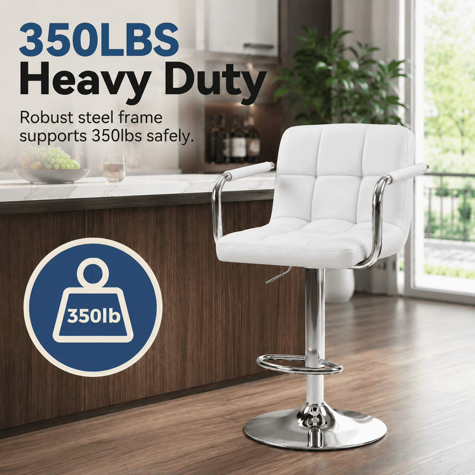 Alvantor 2-Pack Bar Stools, PU Leather Height Adjustable Swivel/ Arms Barstools, Hydraulic Kitchen Counter Height Bar Chairs, Made of Waterproof Polyurethane Leather Material