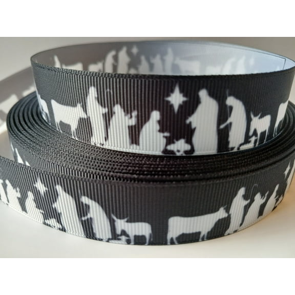 Grosgrain Ribbon Printed Christmas Nativity Silouette with Shepherds, 3 Yards 7/8 Inch Wide