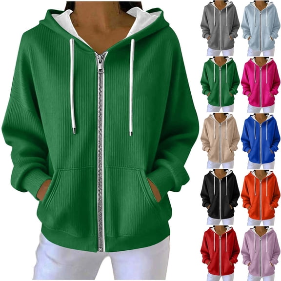 Hinvhai Full Zip Up Hoodie Women Long Sleeve Ribbed Sweatshirts Fall Outfits Oversized Hoodies Casual Jackets Red XL(XL)