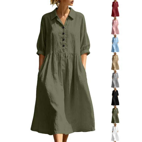 Womens Dresses Zeliretfy Women's Button Up Polo Collar Shirt Dress 3/4 Sleeve Ruffle Tiered Flowy Maxi Long Dress Casual Fashion Solid Color Dress