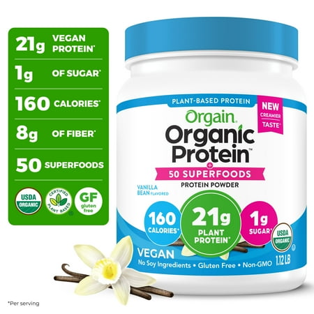 Orgain Organic Vegan 21g Protein + 50 Superfoods Powder, Plant Based Shake Drink, Vanilla Bean 1.12lb
