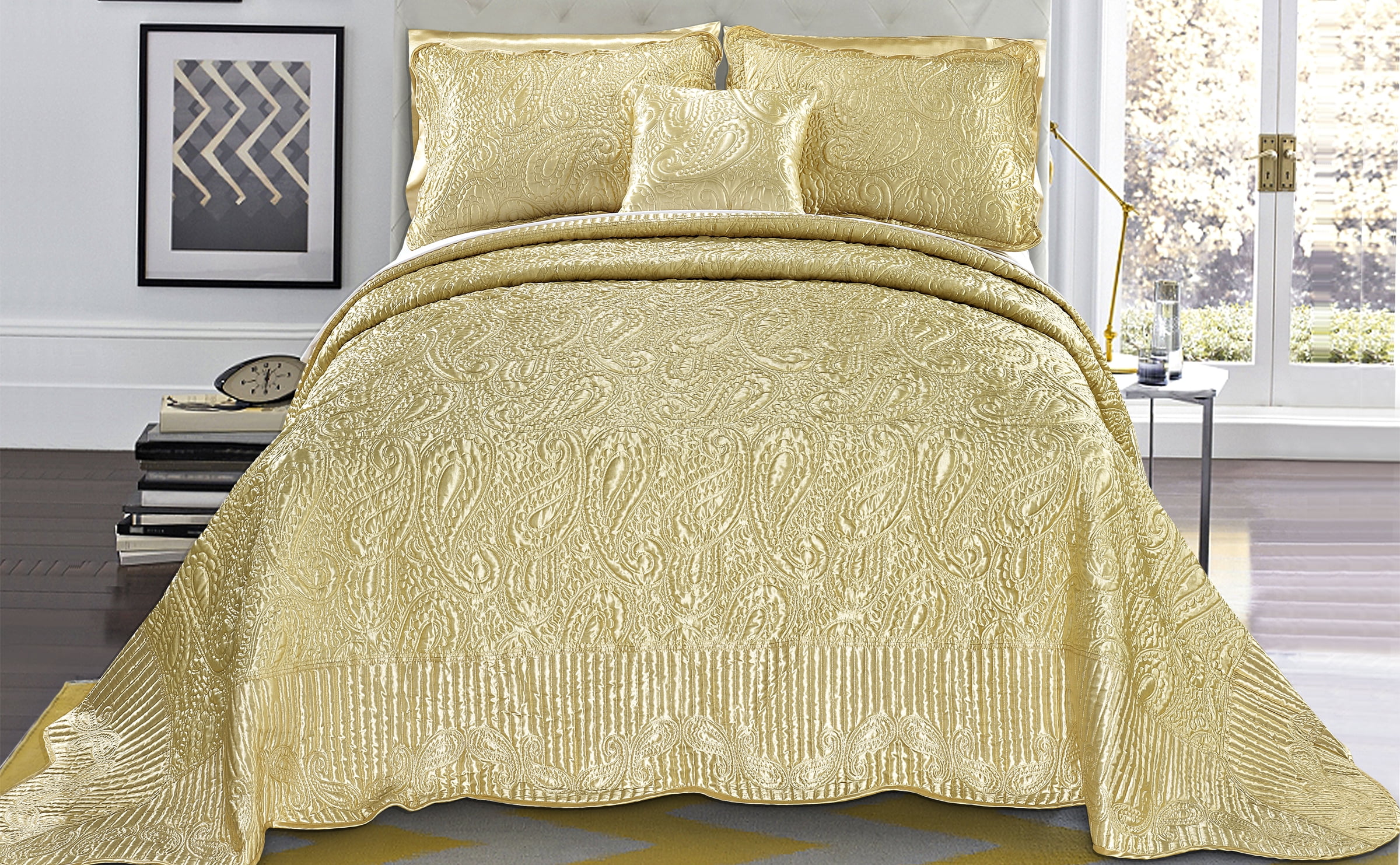 Home Soft Things 4 Piece Quilted Satin Bedspread Set Gold Oversize