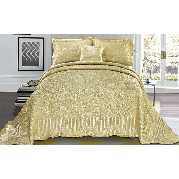 Home Soft Things 4 Piece Quilted Satin Bedspread Set Gold Oversize
