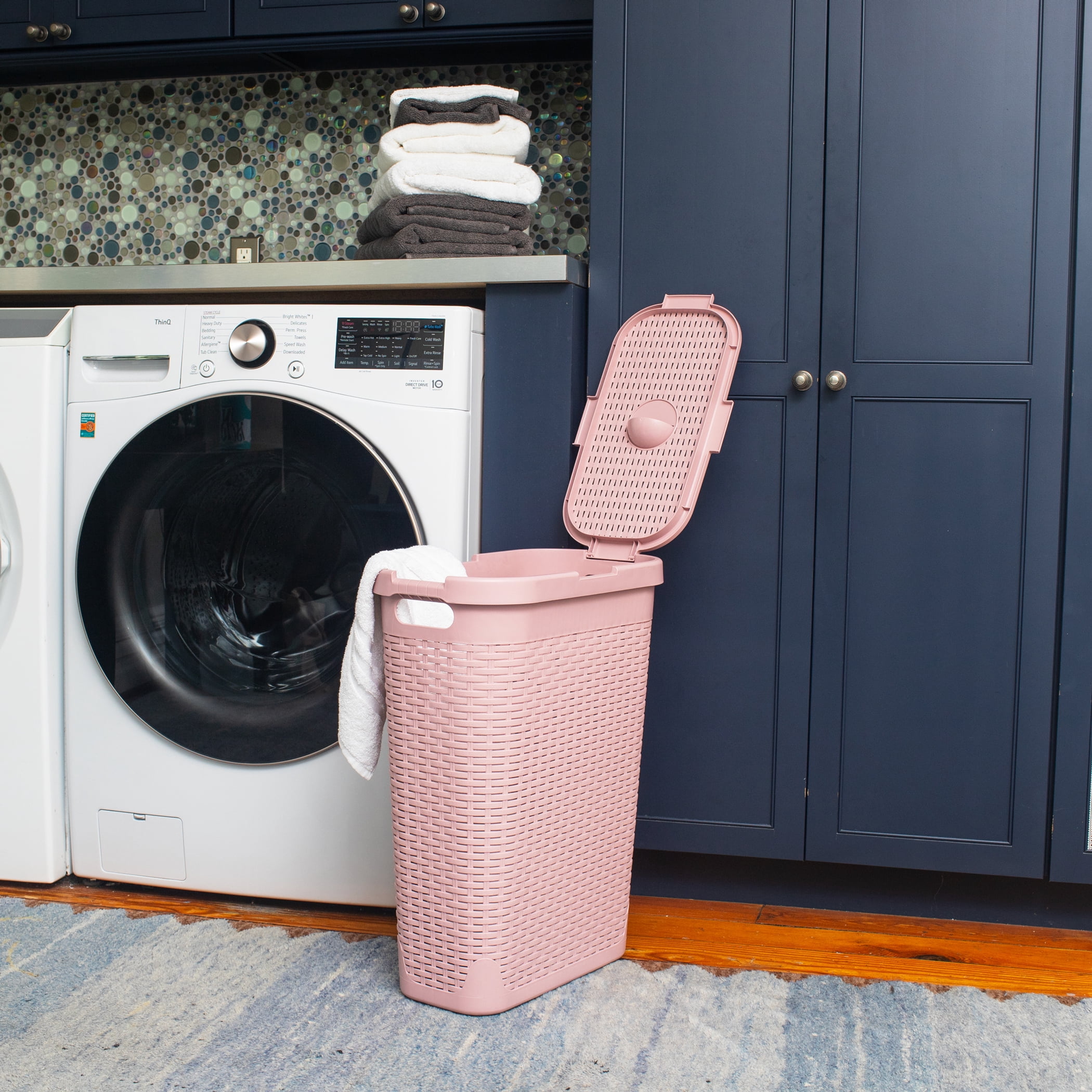 Mind Reader 40L Slim Laundry Hamper, Clothes Basket, Lid, Wicker Design, Plastic, 18"L x 10.4"W x 23.5"H, Pink