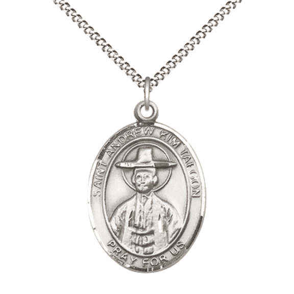 .925 Sterling Silver Saint Andrew Kim Taegon Medal Pendant on 18" Rhodium Plated Lite Curb Brass Chain w/ Lobster Claw Clasp,Catholic Religious Necklace -Made in USA- Velvet Gift Box