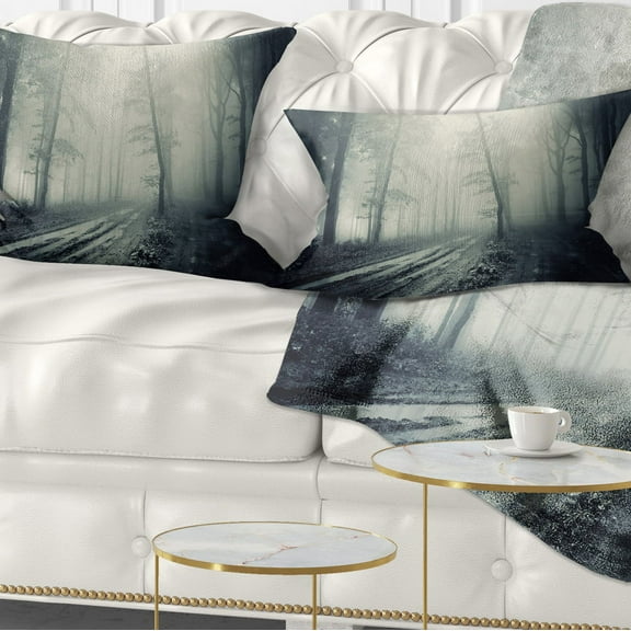 Designart Spooky Dark Forest with Fog - Landscape Photography Throw Pillow - 12x20