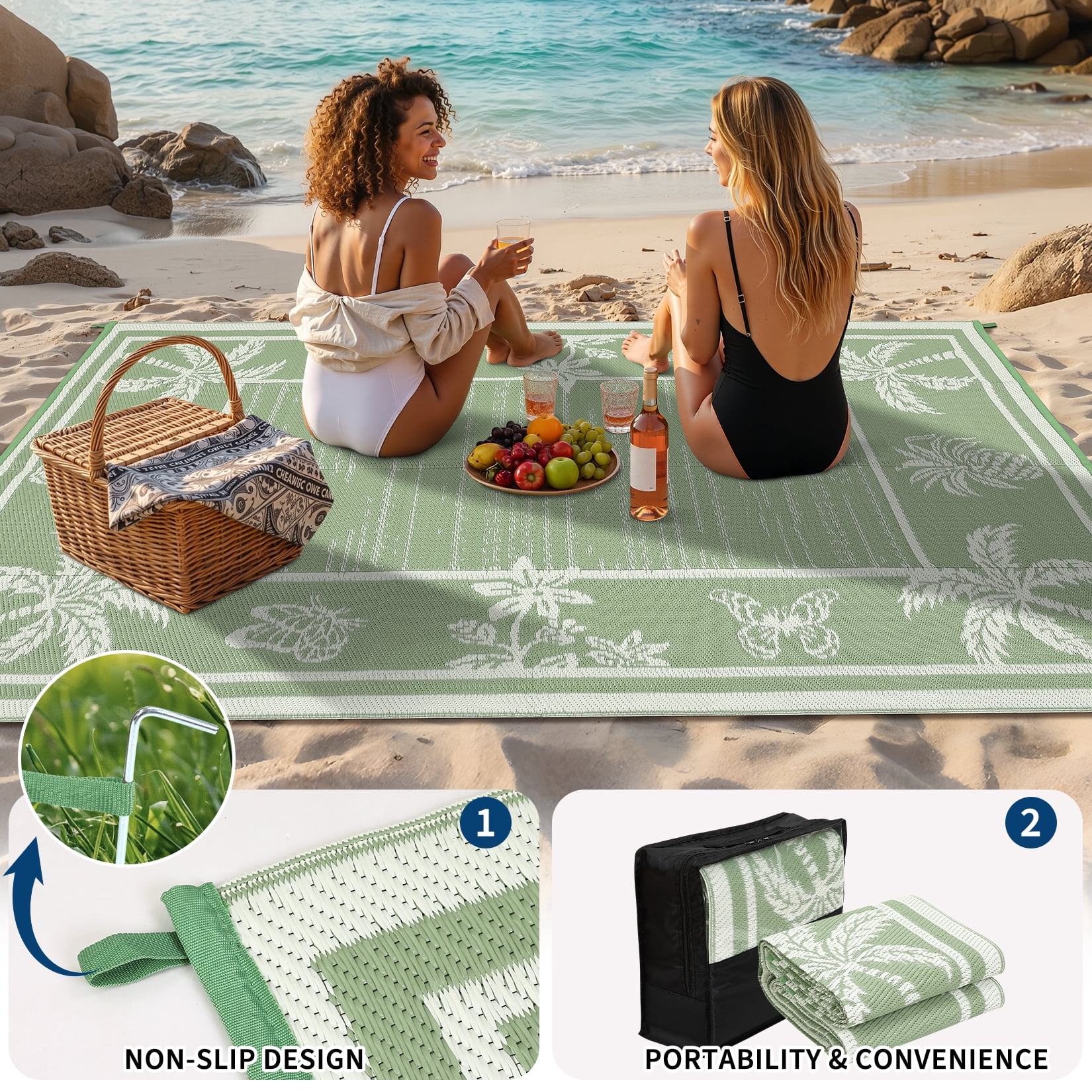 Garvee Outdoor Rug 9x12ft Waterproof Reversible Foldable Plastic Straw Rug, Tropical Leaf Border Outdoor Mat for Patio, Camping, RV, Deck, Porch, Balcony, Black Blue