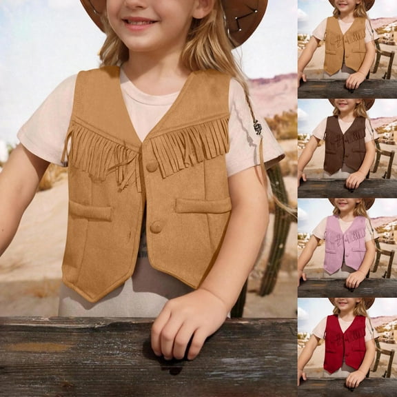 Lovzfmll Toddler Girls Suede Vest, Western Fringe Cropped Design, Open Front Warm Winter Wear for Style for 3-12 Years
