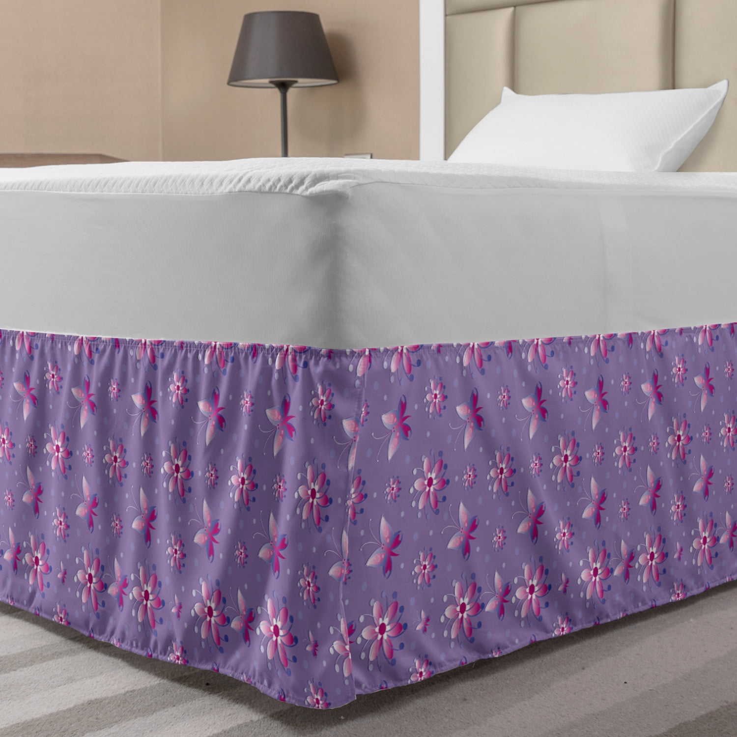 Dark Pink Bed Skirt, Concept of Butterflies Flowers and Polka Dots