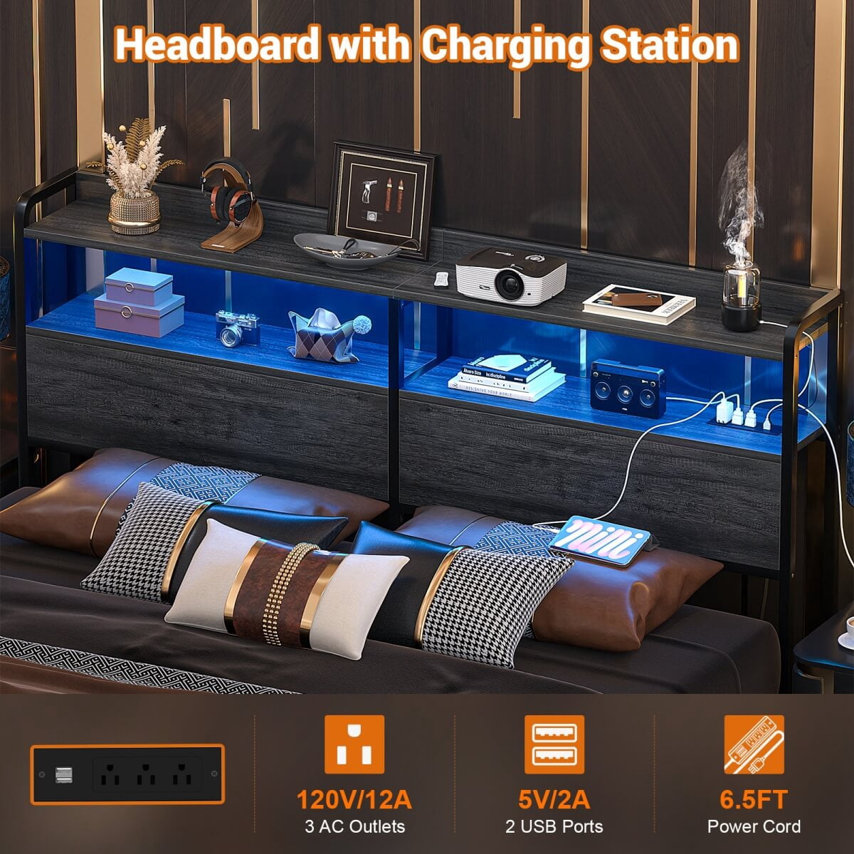 Homieasy Headboard for Queen Size Bed Frame, Headboards with Outlets, USB Ports and LED Light, Head Board with Storage, Height Adjustable, Sturdy and Stable Headboard, Black Oak