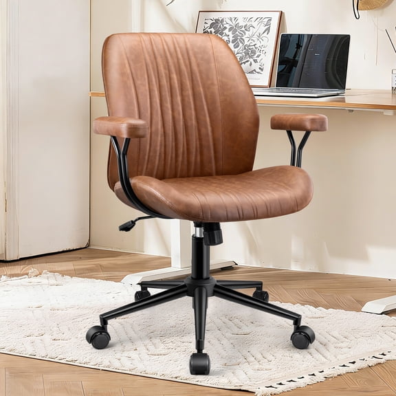 FelixKing Home Office Chair, PU Leather Mid Century Modern Desk Chair with Armrests, Ergonomic Computer Chair with Wheels, Adjustable Height Swivel Executive Office Chair, Brown