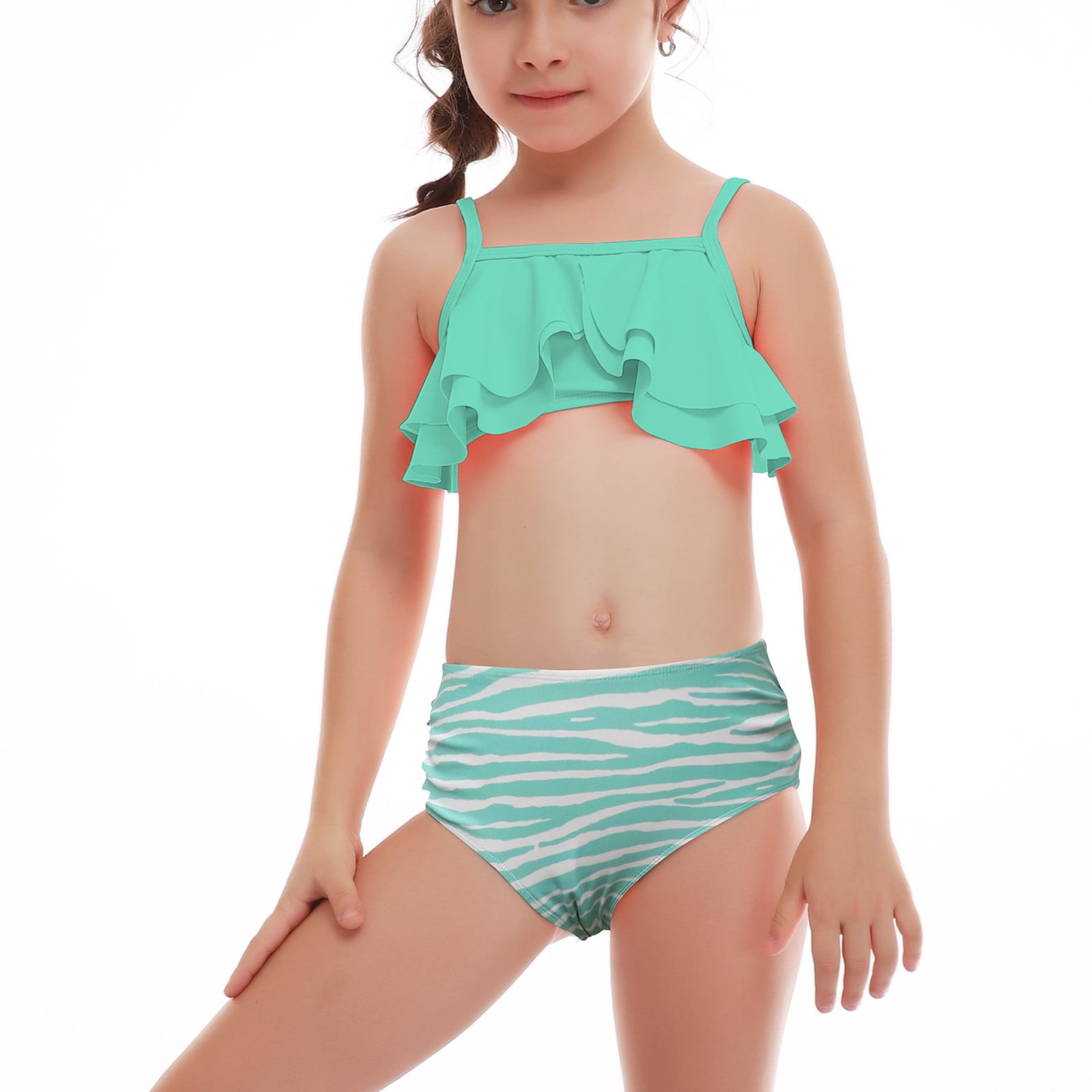 EGNMCR Girls Casual Cute Print Double Ruffle Split Swimsuit Beach Two Piece Set Girl Set