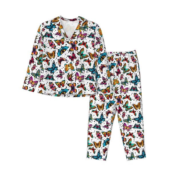 Fotbe Colorful Flying Butterflies Conjunto de Pijama de Manga Larga para Mujer con Estampado, Ropa de Dormir de 2 Piezas, Conjunto de Casa Suave y Cómodo con Bolsillos-Small