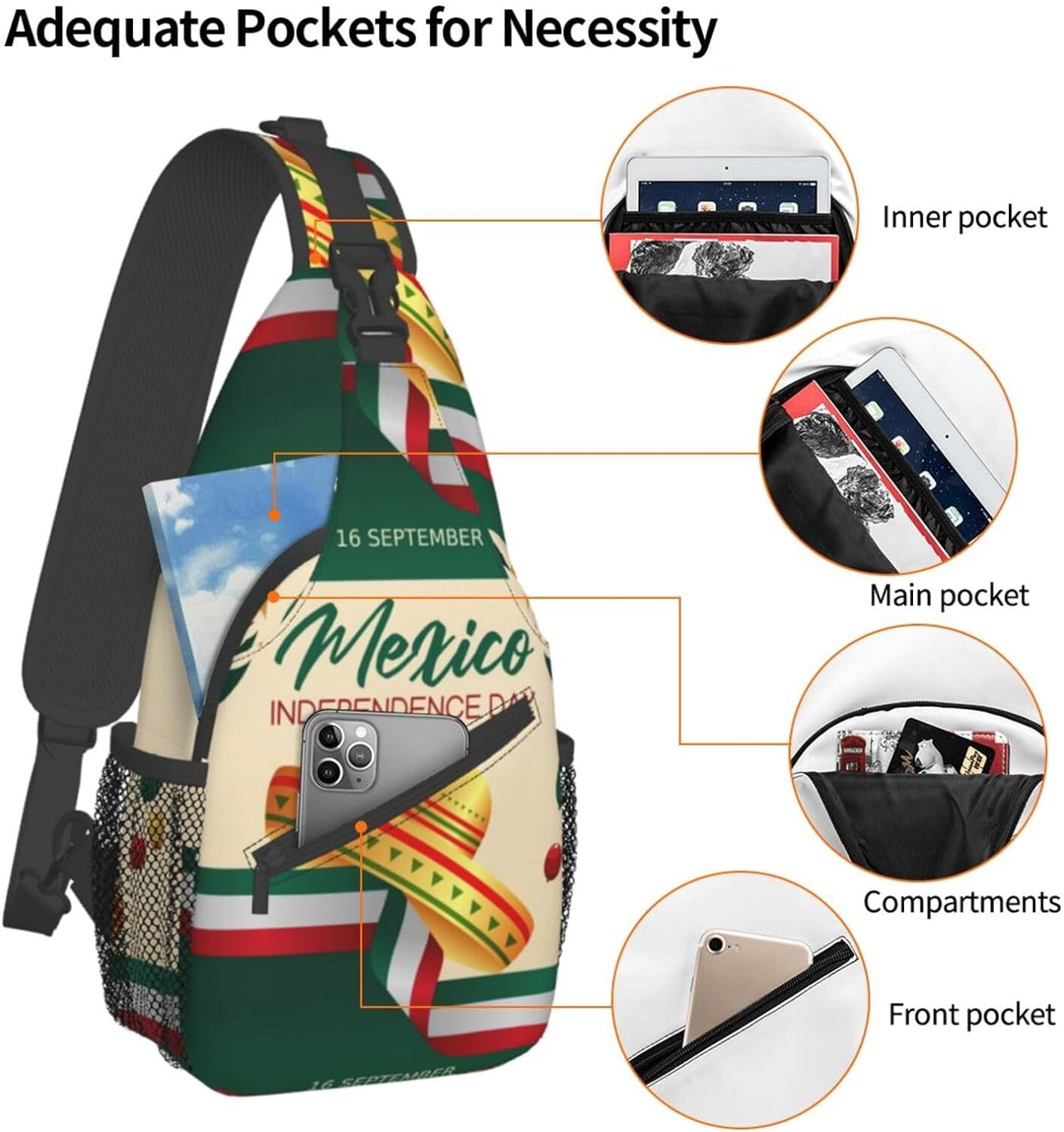 Mexico Hispanic Mexico Independence Day 2023 Sling Bag Crossbody Hiking Travel Chest Bags Backpack Shoulder Daypack for Women Men