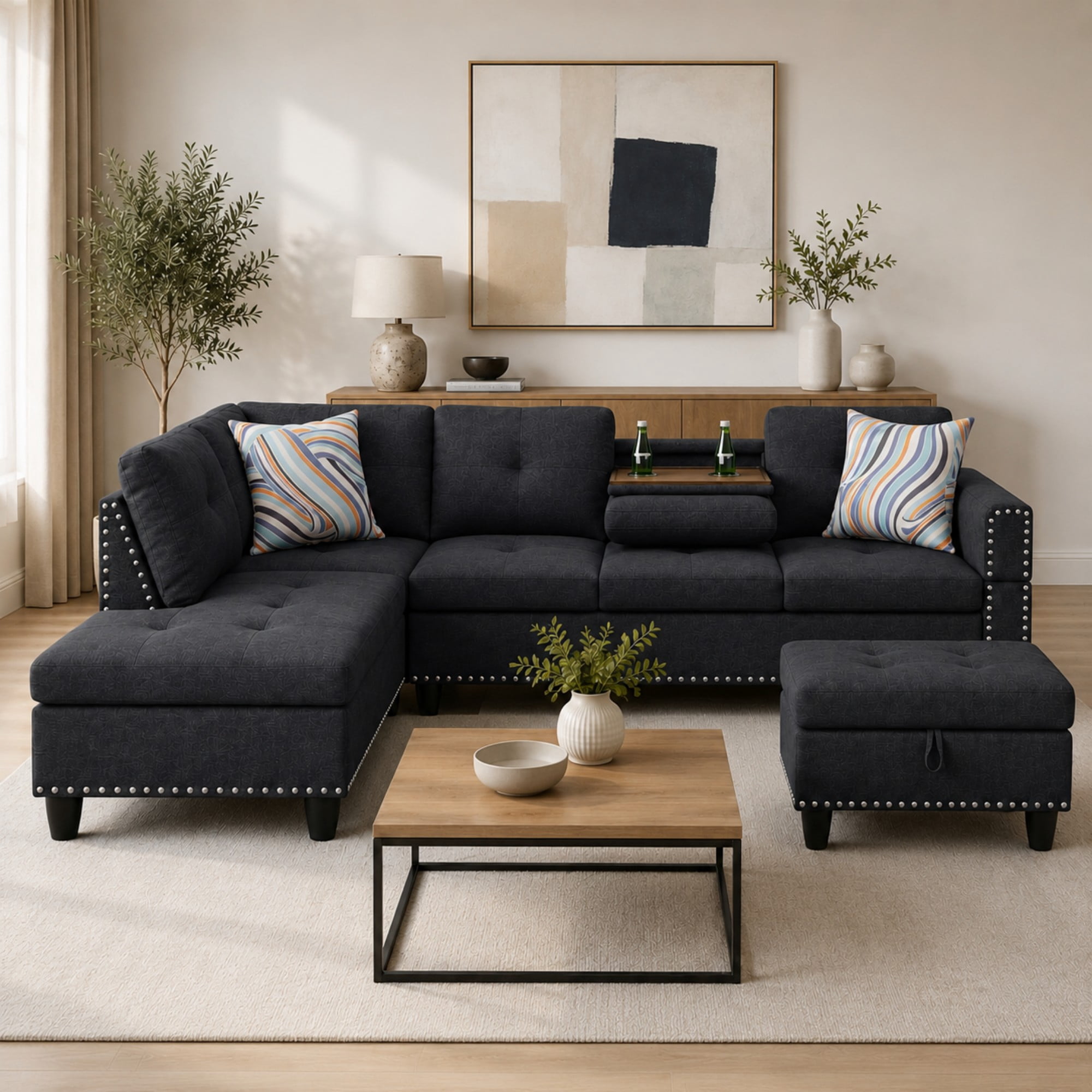 Momspeace 98" L-Shaped Sectional Sofa, Oversized 6 Seater Sofa with Ottoman and Cup Holder, Linen, Black