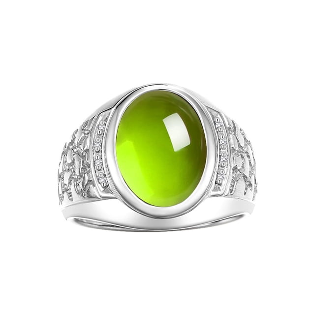 RYLOS Men's Rings 14K White Gold Nugget Ring with Cabochon Gemstone & Diamonds Peridot Rings For Men Size 13