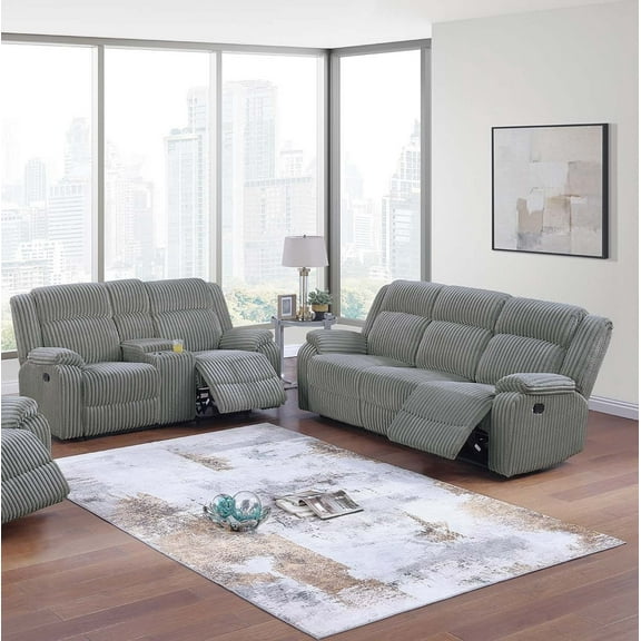 Padded Armrest Manual Motion Sofa Loveseat w Console 2pc Sofa Set Smoke Corduroy Upholstery Living Room Furniture
