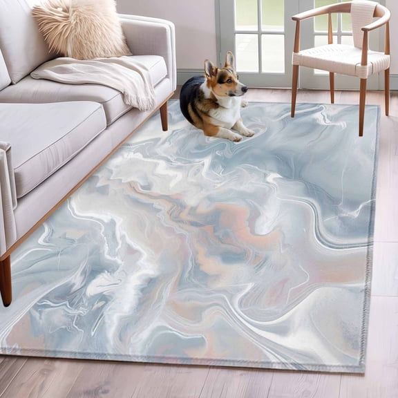 Light Blue Marble Area Rugs 3'x5', Washable Small Throw Rugs for Living Room Bedroom, Modern Abstract Ombre Minimalism Art Indoor Outdoor Rug Non-Slip Low Pile Carpet Runner Reversible Floor Mats