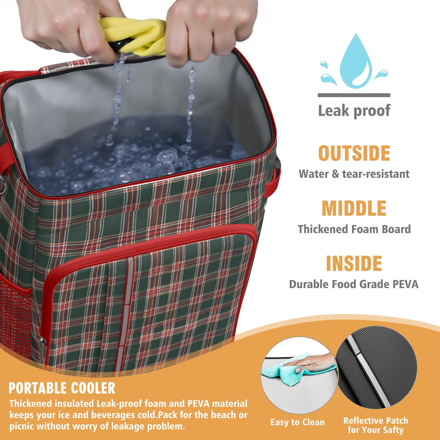 Travel Cooler Bag - Green and Red Christmas Plaid Pattern Camping Beer Cooler Backpack with Bottle Opener- Waterproof Insulated Picnic Backpacks - Cooler Bag for Beach