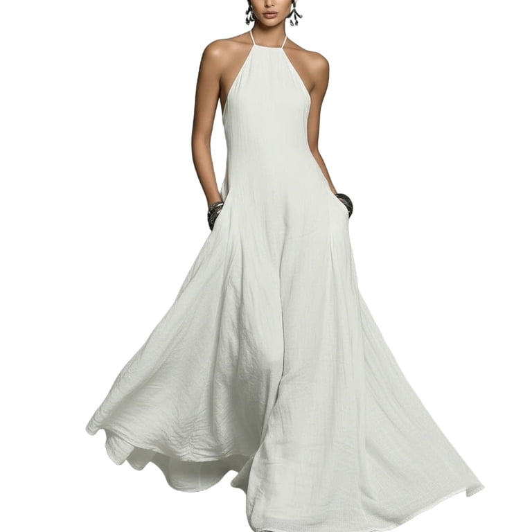 white beach dinner dress Gamivast Dresses for Women Halter Sleeveless Maxi Flowy A-Line Long Dress with Pockets Elegant formal Resort Wedding Guest Dress S Loungewear Type: Nightdress Chiffon Summer Beach Wedding Finish:Lacquered your color rehearsal dinner party