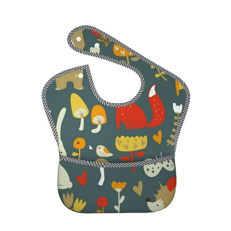 Bingfone Mess-Proof Baby Bib - Waterproof Bib For Baby Boy Or Girl With Food Catcher Pocket, Unisex-Cute Animal Forest