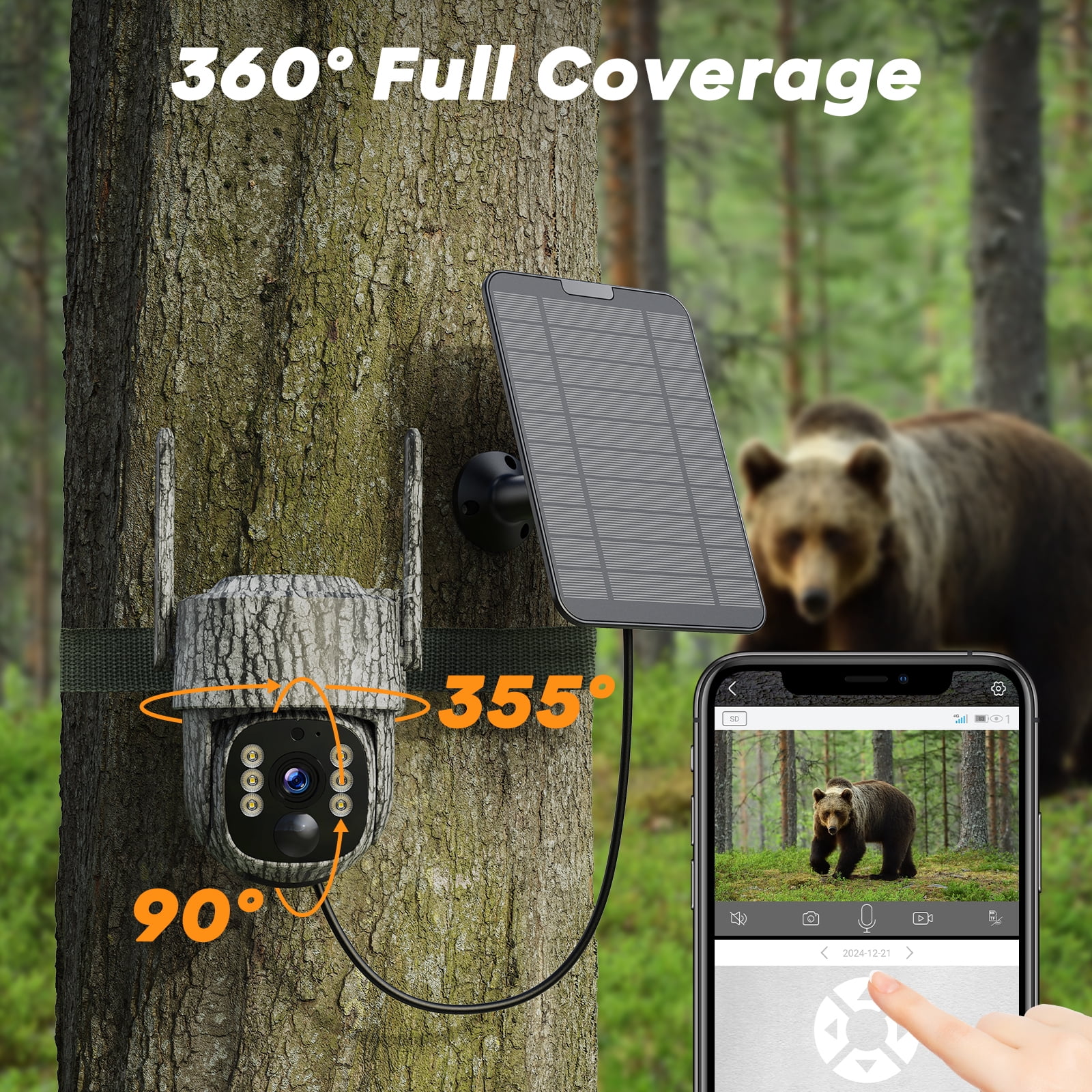 CAMPARK 4G LTE Cellular Solar Trail Camera with SIM&64G SD Card, Solar Powered 2.5K HD Game Wildlife Hunting Cameras Pan 360° Full View App Adjustment Night Vision Motion Activated