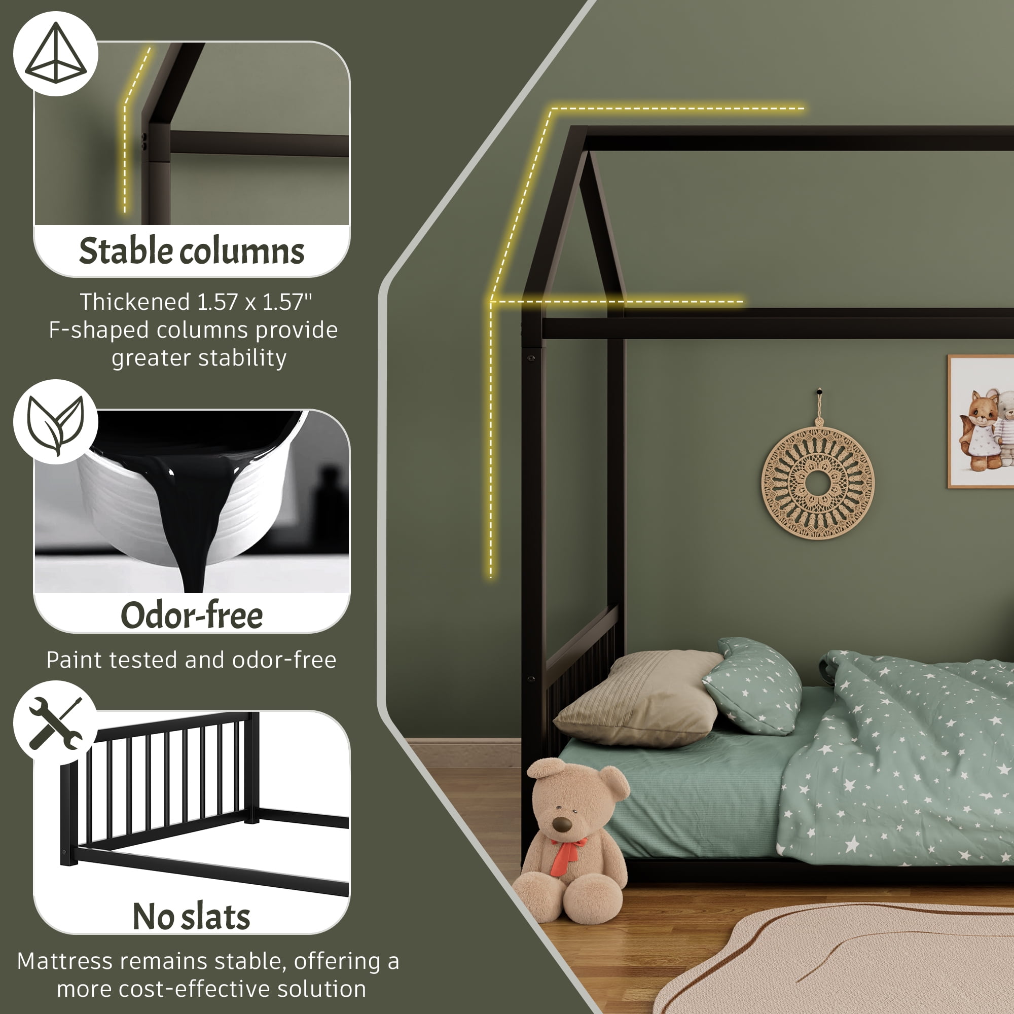 Euroco Metal Full Size Canopy Bed, Low Profile House Bed with Guardrails, Black