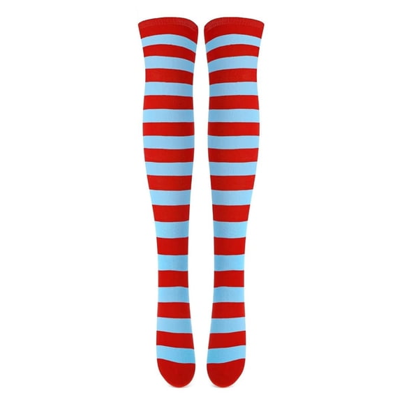 Striped Patterned Socks (Thigh High) Light Blue and Red