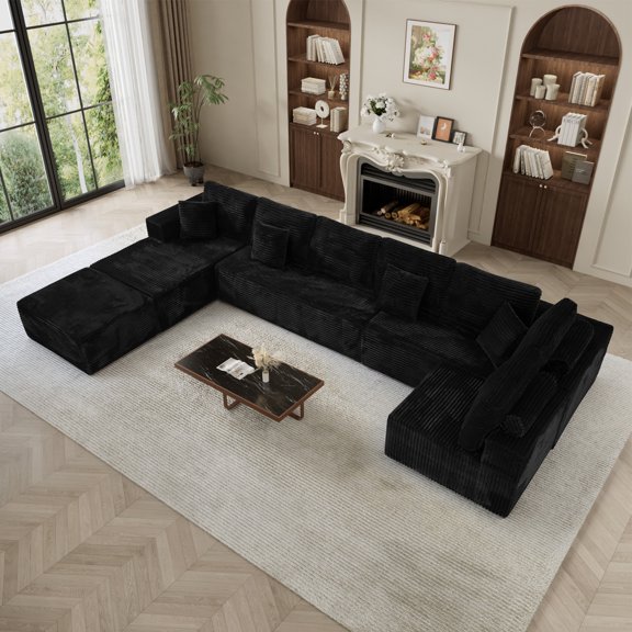 Wiilayok 177 Inch Oversized U Shaped Sectional Sofa 8 Seater Corduroy Cloud Couch Modular Deep Seat Sectional Couch with Chaise and Ottoman Black for Living Room