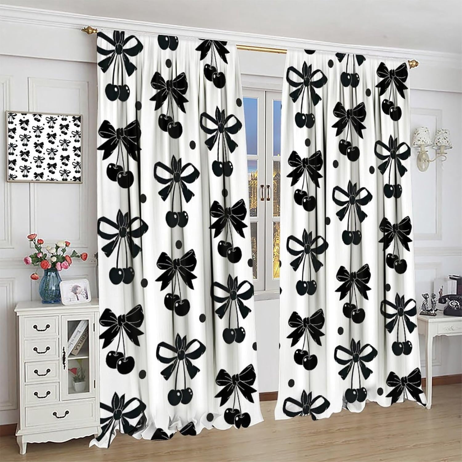 Black Bow Curtains, Vintage Dark White Cherry Ribbon Bows Aesthetic Print Window Drapes Curtains for Kids Girls Bedroom Livingroom Bathroom, 55" W X 39" L