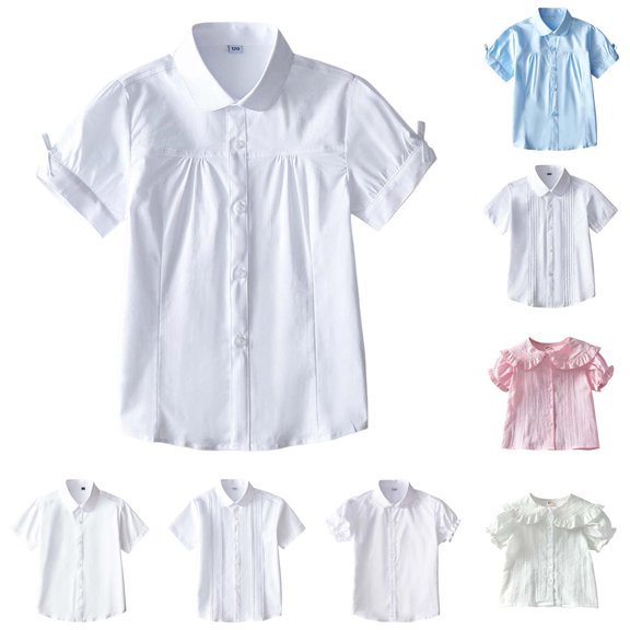 Girls Short Sleeve White Button Down Dress Shirts Kids Summer Short Sleeve Shirts for School Uniform Blouse Wedding Party Size 7-8 Years