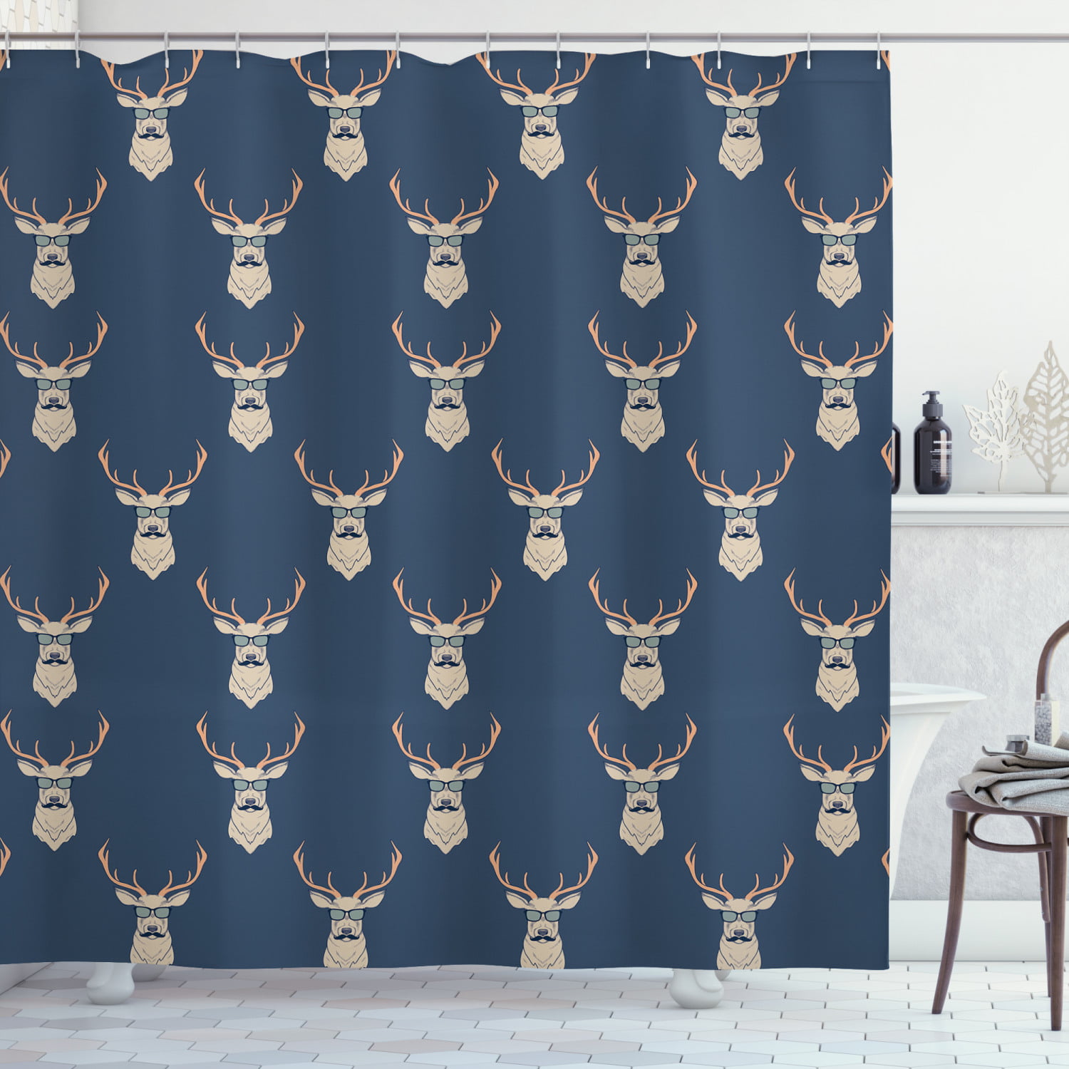 Waterproof Nordic Deer on Natural Wood Shower Curtain Bathroom Decor Mat Hooks 