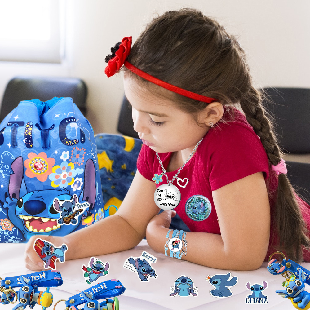 Stitch Merchandise Gift Set for Girls Cute Anime Accessories Including Drawstring Bag, Stickers, Lanyard, Necklace, Bracelet, Keychain, and Button Pins Perfect for Fans and Gifts