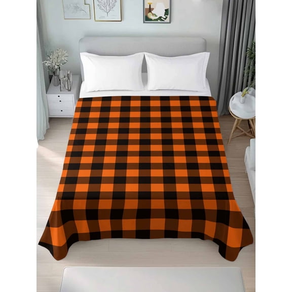 Queen Flat Sheet Only Fall Orange Black Plaid Soft Microfiber Cooling Bedding Sheets Halloween Minimalist Buffalo Check Flat Bed Sheet