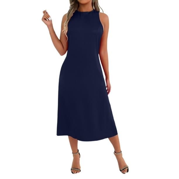 Vestido sin mangas con cuello redondo y bajo asimétrico para mujer - Conjunto informal y vaporoso para fiestas de verano - Corte holgado - Tallas XS-XXL