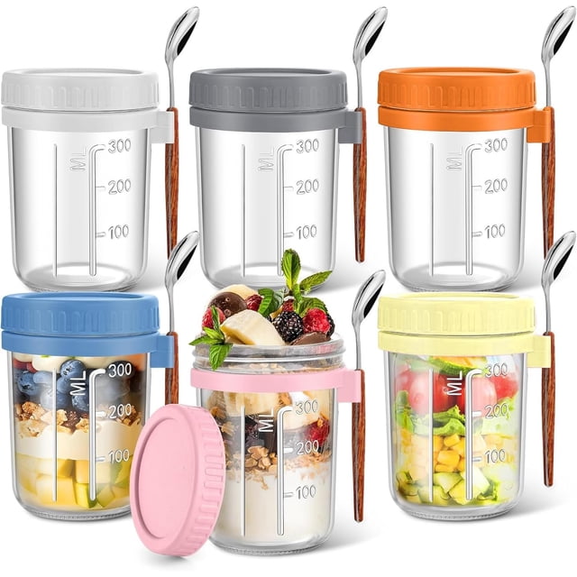 Recipientes de Avena, 6 Pack Tarros de Vidrio con Tapa Hermética y Cuchara, 350ML, Frascos de Cocina para Almacenar Avena, Yogur, Especias, Café - Fácil de Limpiar y Apilar (6pcs)