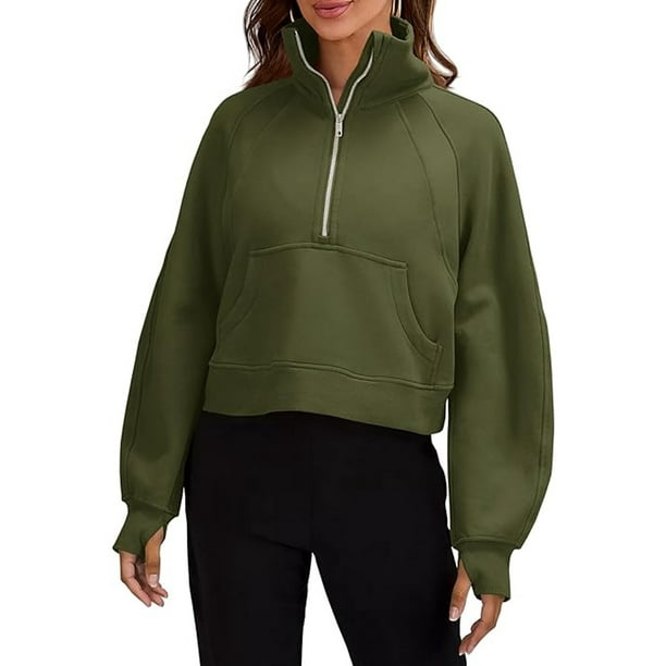 Women's Winter Sweatshirts Half Zipper Crop Pullover Funnel Neck Fleece  Lined Zip Up Long Sleeve Tops Thumb Hole, Green