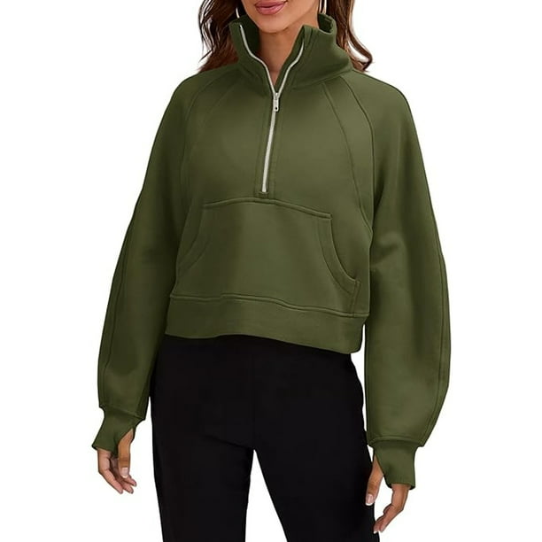 Women's Winter Sweatshirts Half Zipper Crop Pullover Funnel Neck Fleece  Lined Zip Up Long Sleeve Tops Thumb Hole, Green