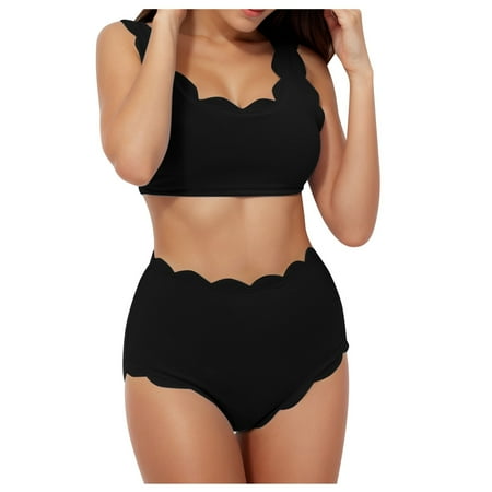 Womens Bikinis Summer Solid Color Spaghetti Strap Bra And Panty Set High Waist Petal Two Piece Tankini Swimsuits For Women Activewear Black M