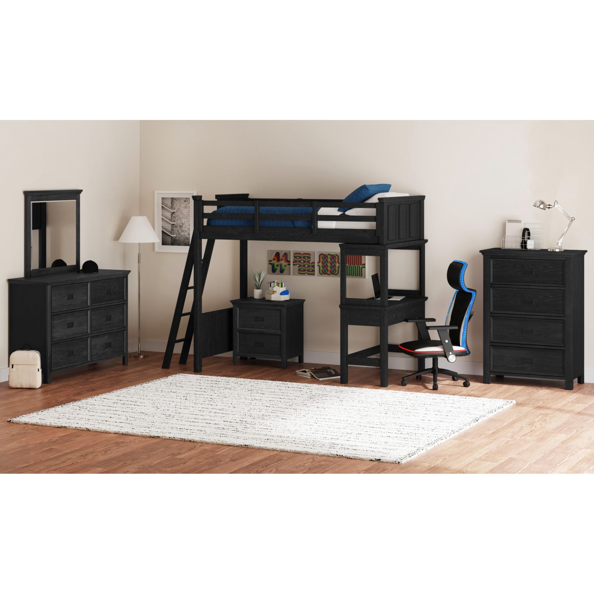Brooklyn Kids Twin Loft with Ladder and Desk with Speaker in Charcoal