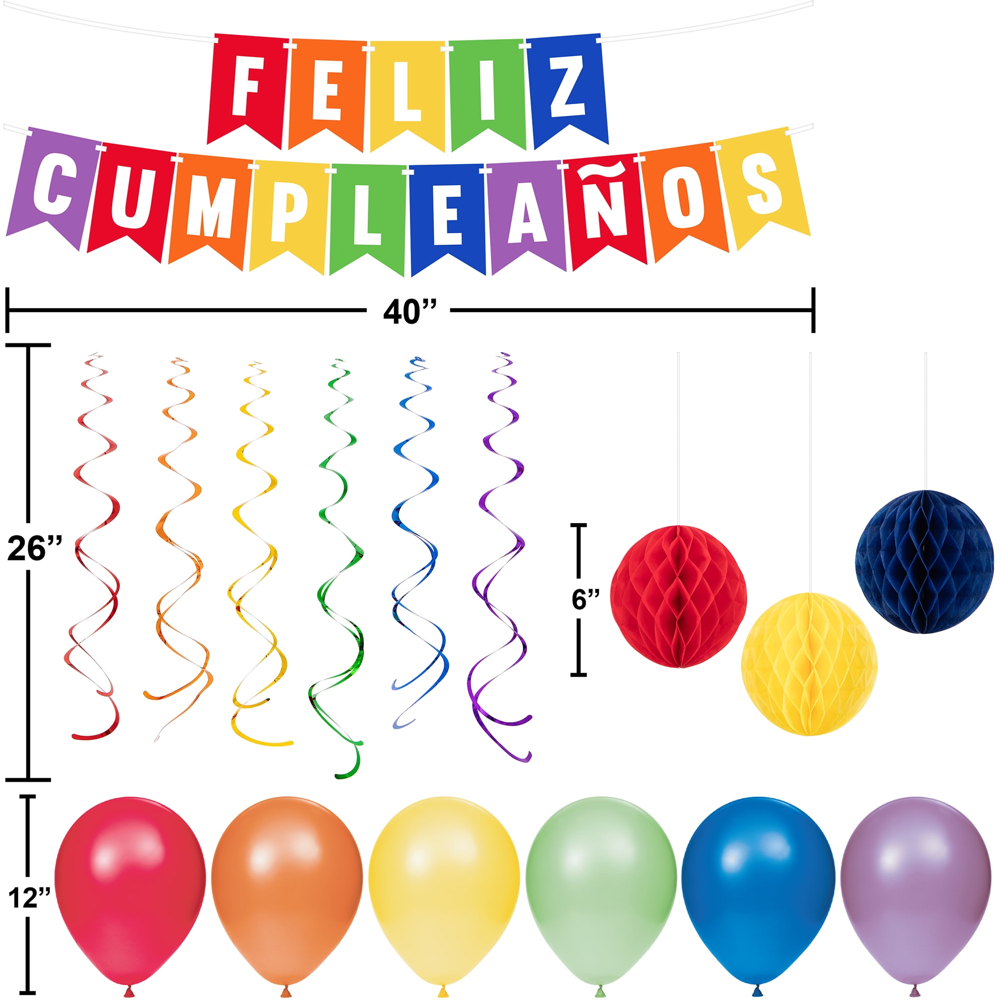 Feliz Cumpleanos Decor Kit, Multicolor, 17 Pieces, Latex and Foil, by Way To Celebrate
