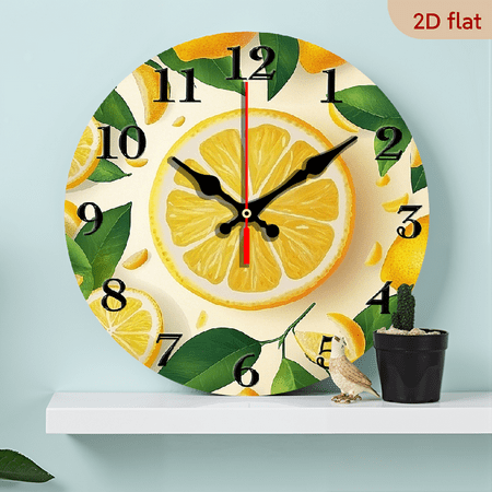2D Flat 1pc 10Inch Wooden Silent wall clock circular clock, Modern retro rustic styleLemon themed wall clock with green, Suitable for living room, kitchen and dining room decoration