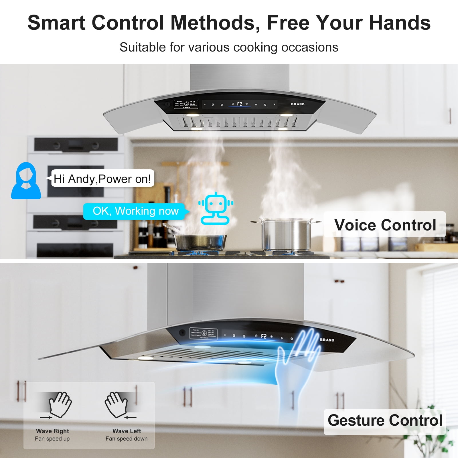 ​ BRANO 36inch Island Range Hood  in Stainless Steel, 900 CFM, Voice/Gesture/Touch Control